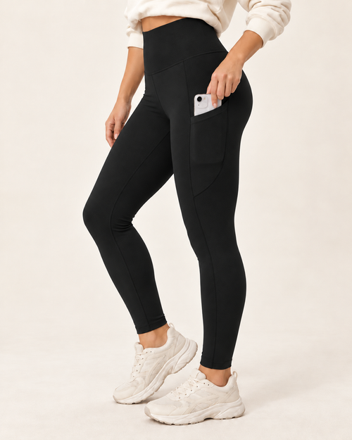 On-the-Go Pocket Fleece Leggings in Black — full-length studio view