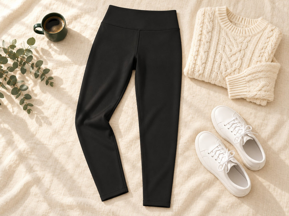 Black no-pocket leggings styled with an ivory knit and white sneakers in a flat lay